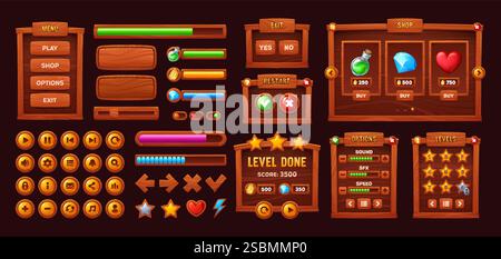 Wooden game interface buttons and bars or menu panels, vector cartoon UI elements and GUI assets. Arcade game menu buttons and interface controls with Stock Vector
