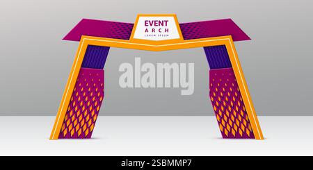 Exhibition event geometric arch. Realistic 3d vector entrance or entry, modern arc gate frame featuring a bold violet, purple and orange color scheme Stock Vector