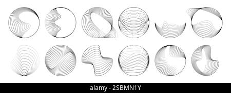 Isolated line round geometric spiral shapes, concentric swirl and wave. Vector abstract vortex circles, dynamic circular ripples, thin radial curves, Stock Vector