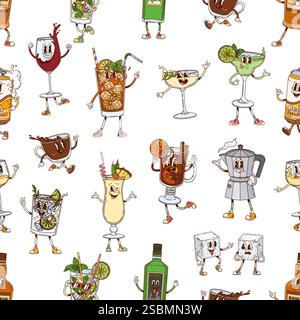 Hippie groovy cocktail drink and beverage characters seamless pattern with cocktails, coffee, tea and wine retro y2k personages. Cartoon vector playfu Stock Vector