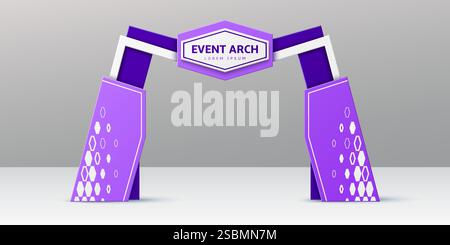 Purple and blue event arch, realistic 3d vector exhibition entrance or entry featuring a bold violet and white color scheme with hexagonal patterns an Stock Vector