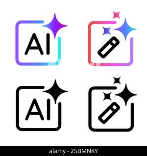 generate AI artificial intelligence icon symbol of generative button icon outline and gradient set collection crate star magic wand Stock Vector