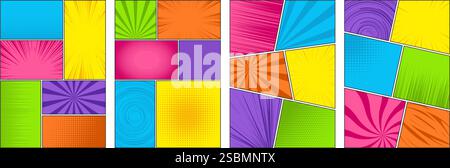 Comic book frame. Colored manga template. Pop art cartoon page with grid and boxes on white backdrop. Anime cover with explosion speed lines and Stock Vector