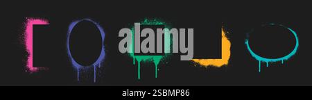Graffiti stencil frames with neon spray effect - geometric shapes of rectangle, square and circle borders in vibrant colors with drips and scattered particles on dark background. Street art elements. Stock Vector