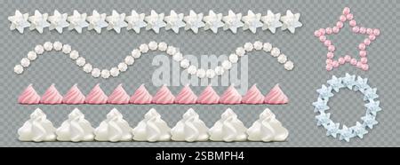 Whipped cream 3d decorative borders - light blue, pink and white swirled meringue peaks, wavy rose patterns, straight star and circle shaped lines in pastel colors. Confectionery frame and emblem. Stock Vector