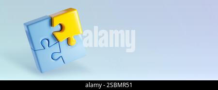 3D puzzle pieces - blue square with yellow connected element on light gradient background. Minimalist pastel jigsaw composition showing connection. Glossy plastic blocks for business solution concept. Stock Vector