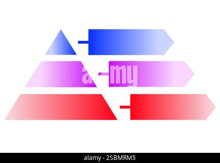 Infographic illustration of blue with purple and red gradient color triangle divided and cut into third, Pyramid shape made of three layers Stock Vector