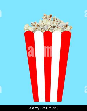 Red and white striped bucket of popcorn isolated on blue background , Corn snack cooked with butter, Fast food story vector graphic illustration Stock Vector
