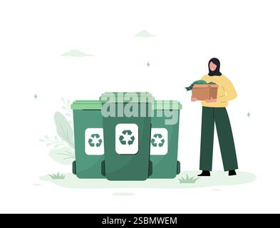 CO2 neutral. Arab Woman sort garbage. Zero waste lifestyle. Ecological concept of recycling materials. Vector illustration in flat cartoon style Stock Vector