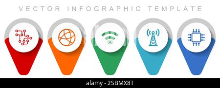 Technology and computer pointer collection, miscellaneous icons such as chip, globe, 5g, antenna and computer, flat design vector infographic template Stock Vector