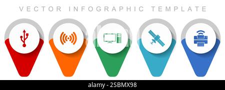 Technology pointer collection, miscellaneous icons such as usb, wifi, computer, satellite and printer, flat design vector infographic template in eps Stock Vector