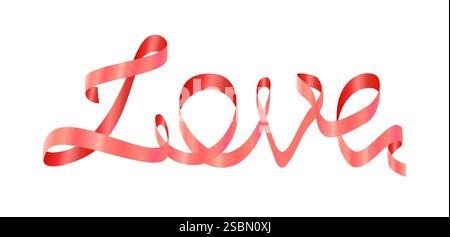 Word Love made from ribbon. Pink silk curly ribbon forms the inscription Love. Vector illustration for wedding invitation, romantic greeting card Stock Vector