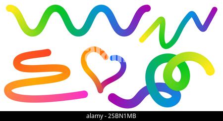 Abstract Color Rainbow Gradient Shapes Set. Vector Graphic with Wavy Lines in Bright Colors. Colorful Fluid Wave Pattern. Squiggly Design Elements. Stock Vector
