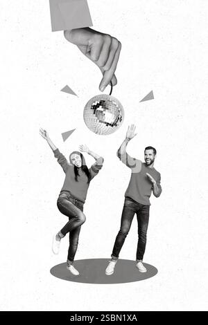 Vertical collage picture of two small excited people dancing arm fingers black white gamma hold disco ball isolated on painted background Stock Photo