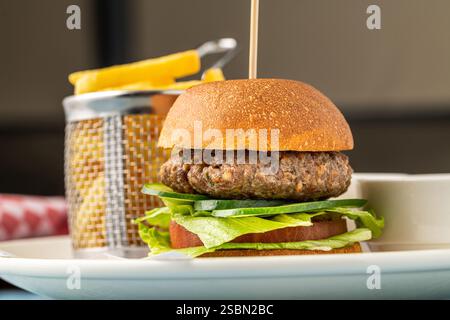 Front view of classic burger with fries on white porcelain plate Stock Photo