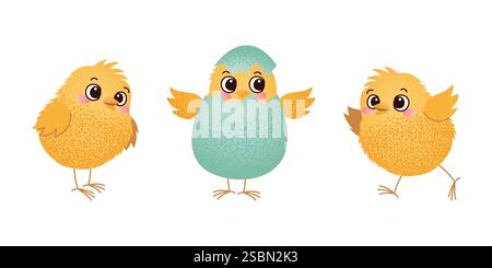 Three baby chicks, one hatching from an Easter egg. Cute cartoon illustration. Easter celebration and spring holiday design for greeting card Stock Vector