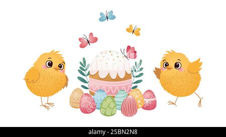 Two yellow chicks near Easter cake and decorated eggs with butterflies flying above. Cute cartoon illustration. Easter celebration and holiday design Stock Vector
