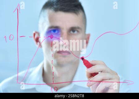 Businessman with red pen drawing stock chart on glass screen. Analyzing at data and checking business chart. Investment and financial concept. Stock Photo