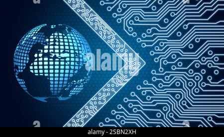 Hologram with digital earth interface and mother board on virtual screen. Virtual reality and global networking concept. 3d rendering Stock Photo