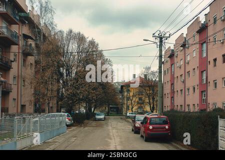 Cold and cloudy weather in a city in the Balkans, winter without snow. Stock Photo