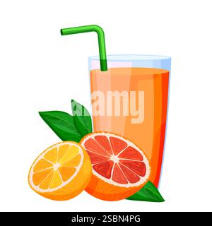 Orange grapefruit mix fresh juice in drinking glass with straw. Vector flat cartoon illustration isolated on white background. Citrus tropical fruit d Stock Vector