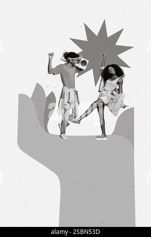 Vertical collage of big drawing arm palm hold two black white gamma excited people listen boombox music dancing Stock Photo