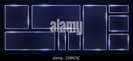 Collection of futuristic neon tech glass frames square shape. Vector 3d illustration. Stock Vector