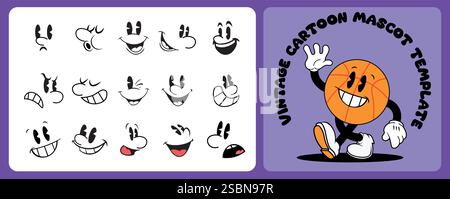 Set of 1930s vintage cartoon mascot face, different expression