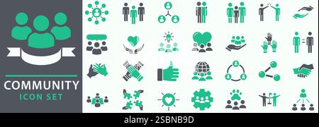 Community icon set. Containing people, friendship, social, diversity, village, relationships, support and community development icons. Set icon collec Stock Vector