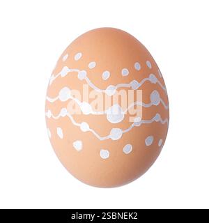 One Easter egg is a natural beige color with a minimalistic white pattern isolated on a white background. Stock Photo