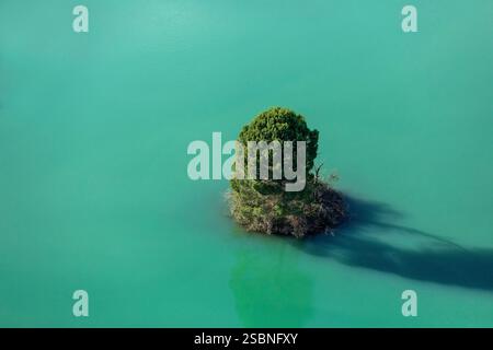 France, Alpes de Haute Provence, Manosque, lake, Forestiere pond, pine tree, La Durance in the background (aerial view) Stock Photo