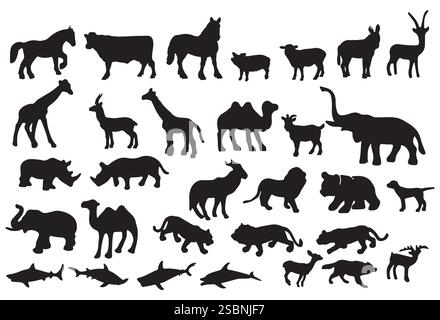 set of animal silhouettes, isolated on white. vector illustration Stock Vector