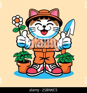 cartoon kawaii gardener cat, holding a flower and a spade, vector mascot design, Stock Vector