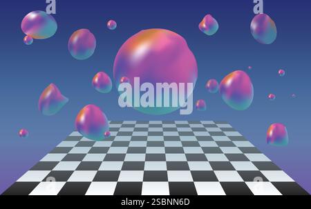 1980s Retrowave Abstract 3D Background with Colorful Holographic Bubbles and Checkered Floor Stock Vector