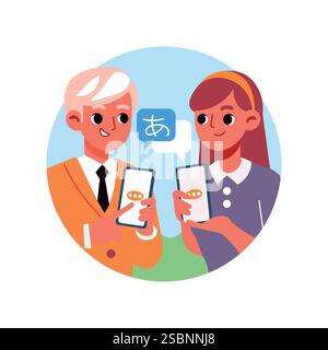 Illustration of a man and woman using a language translation app on their smartphones, with a chat bubble displaying the Japanese Hiragana symbol Stock Vector