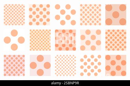 Set of seamless polka dot patterns in Peach Fuzz tones. Round shapes arranged in a grid for a soft, minimalistic aesthetic. Geometric vector design id Stock Vector