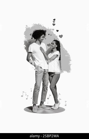 Composite collage photo of two young people wear white t-shirt hug enjoy idyllic love harmony spouses valentine day isolated on drawing background Stock Photo