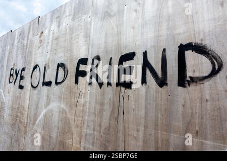 'Bye old friend' painted o the construction wall at the demolition site of Dudley Hippodrome on Castle Hill, Dudley, England, UK Stock Photo