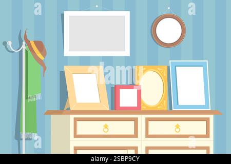 Photo frames on home chest of drawers vector illustration Stock Vector