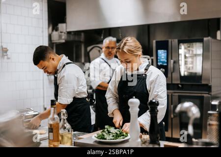 Female chef cutting vegetables while working with colleagues in kitchen at restaurant Stock Photo