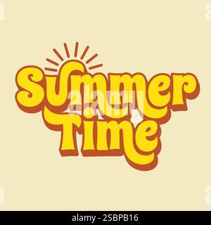 Summer time banner template with hand drawn lettering and sun rays vector illustration. Summer logotype, sticker, label, tag. Summer holidays poster Stock Vector