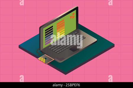 Hacker's laptop with cyberpunk gui on the screen, isometric vector illustration with shadow Stock Vector