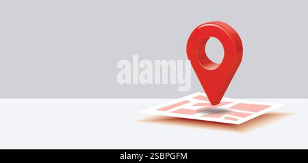 Realistic 3d vector illustration of a red geotag navigation pin standing on a map. Copy space Stock Vector