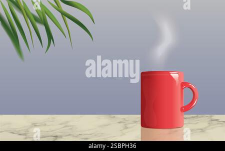 Realistic vector product display stand with red coffee mug with steam, marble table and green palm leaves. Cafe mock-up. Copy space Stock Vector