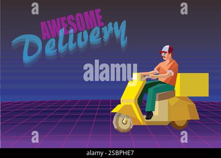 low polygonal vector illustration of a delivery boy on yellow scooter. Internet advertisement mock-up. Copy space with UI button. Food delivery mobile Stock Vector