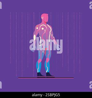 Abstract cyberpunk style illustration of a glowing human silhouette against the binary code background, vector Stock Vector