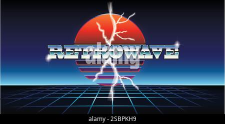 1980's neon sci fi landscape. Retrowave, synthwave vector background ...