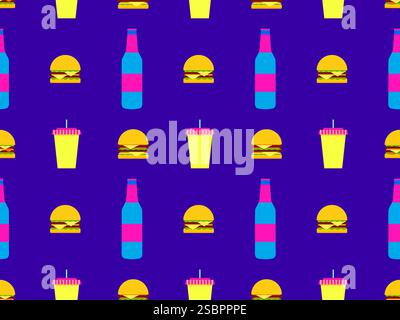 Fast food seamless pattern with burgers, soda and bottled drinks. Paper cups with carbonated drinks and cheeseburgers. Design for wrappers, wallpapers Stock Vector
