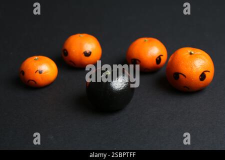 Stop racism. One black tangerine among orange ones on black background, closeup Stock Photo