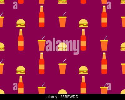Fast food seamless pattern with burgers, soda and bottled drinks. Paper cups with carbonated drinks and cheeseburgers. Design for wrappers, wallpapers Stock Vector